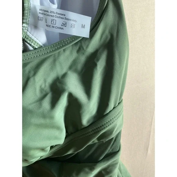 Talisea Olive Green one Piece Tankini Swimsuit with Shorts Mesh Detail Size M - Picture 4 of 5